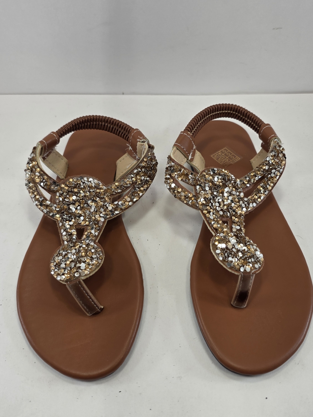Women’s 6.5 Brown Gold Rhinestone Jeweled Thong Slingback Sandals